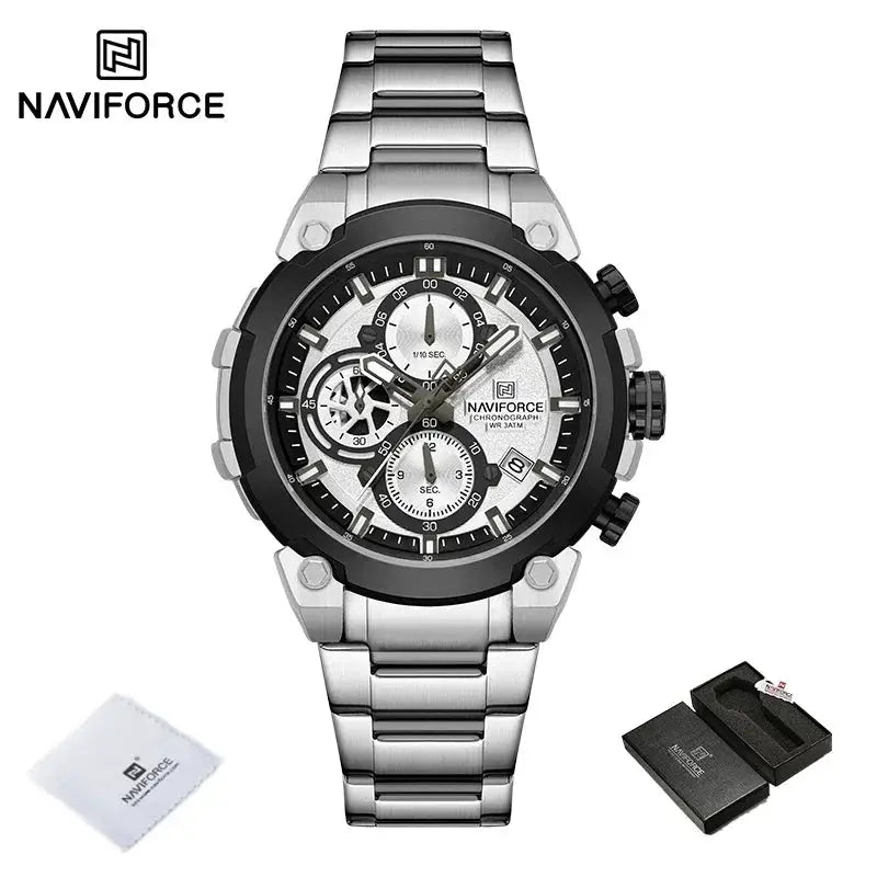 NAVIFORCE men's military chronograph watch with stainless steel band and 3ATM waterproof