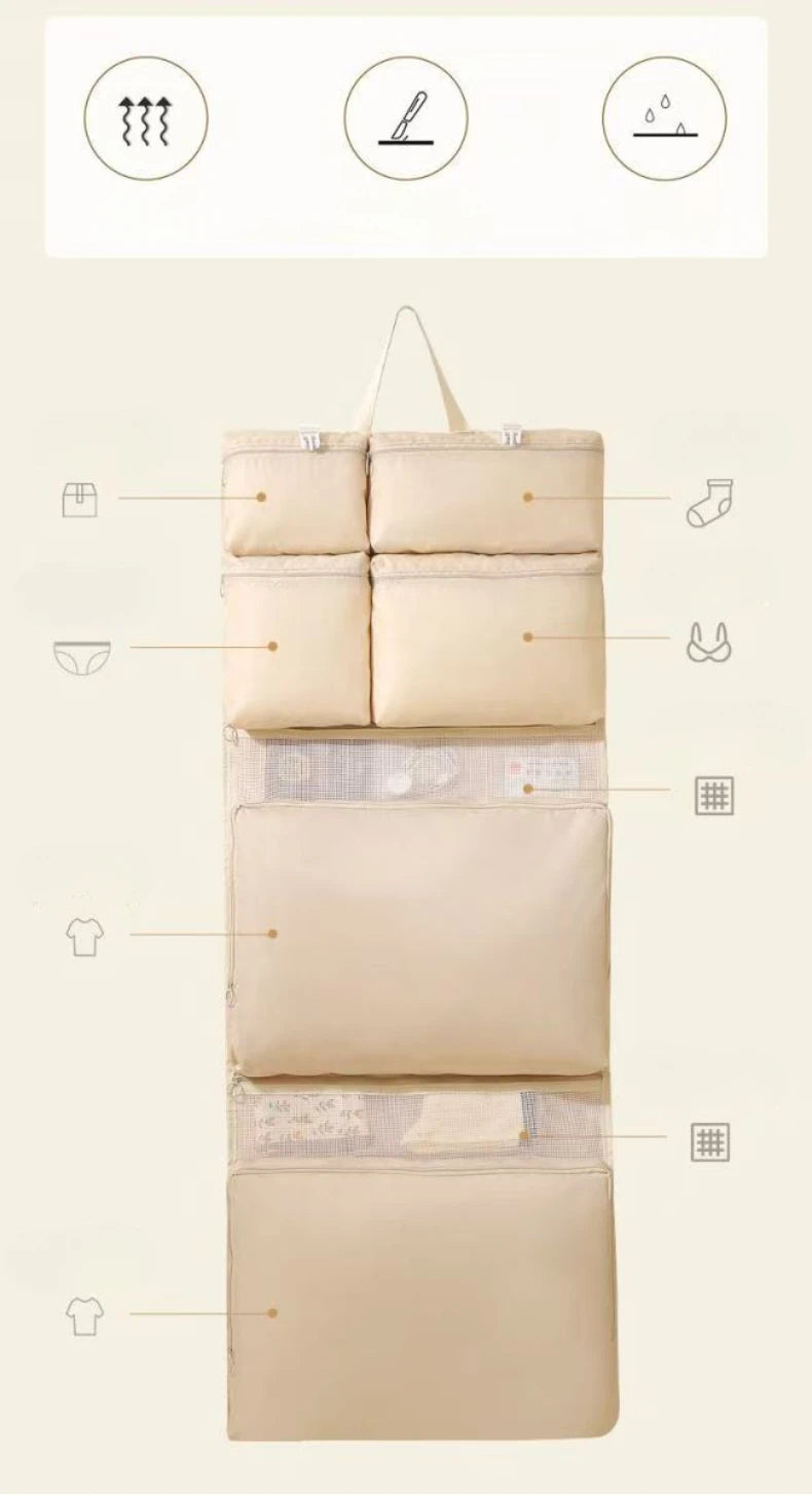 Business Travel Storage Hanging Bag, beige foldable clothing organizer with multiple compartments