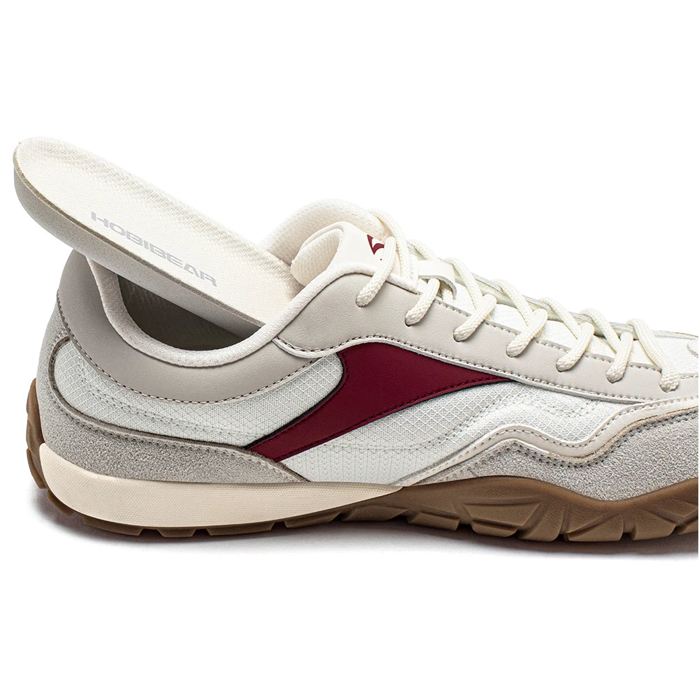 HOBIBEAR wide-width hiking shoe, white/cream upper with burgundy side stripe, unisex, non-slip brown outsole