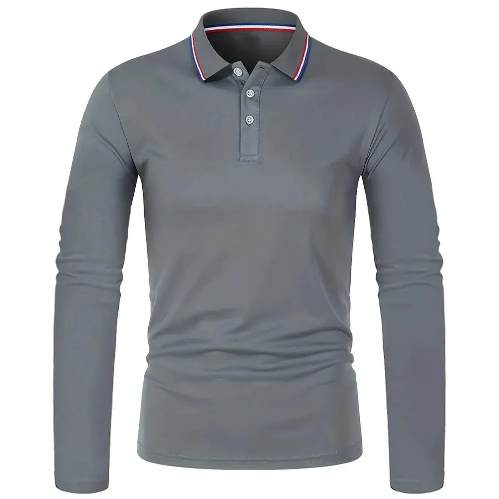 Men's long-sleeve polo shirt, gray with striped collar for spring and autumn casualwear breathable everyday