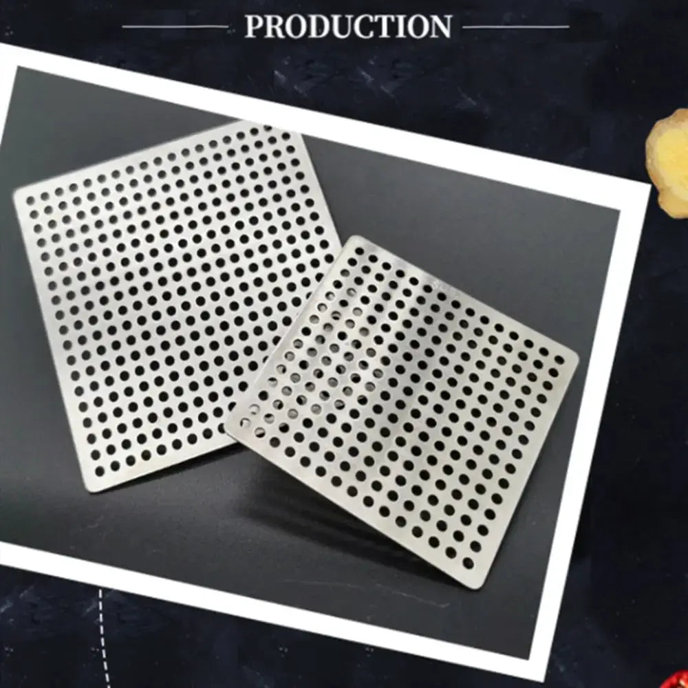Two stainless steel square floor drain covers with perforated holes for hair catcher shower drain.