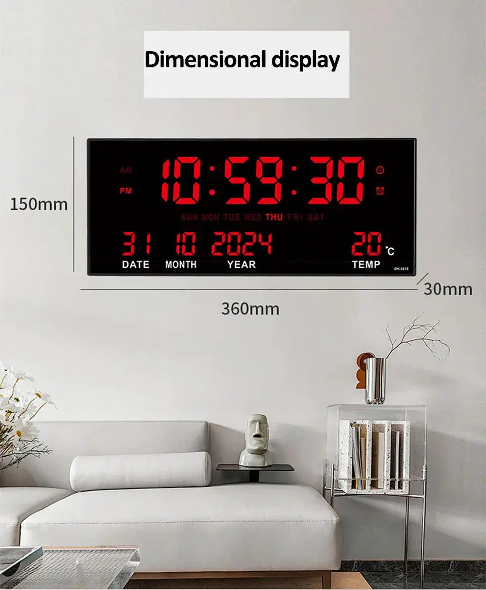 Simples Market 14-inch digital LED wall clock with calendar, date, temperature and 8 alarms; plug-in