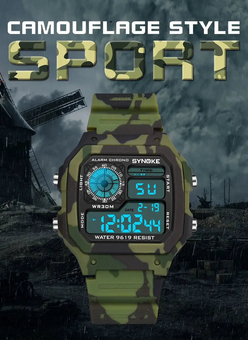 SYNOKE camouflage military digital watch for men with camo strap, waterproof and luminous display