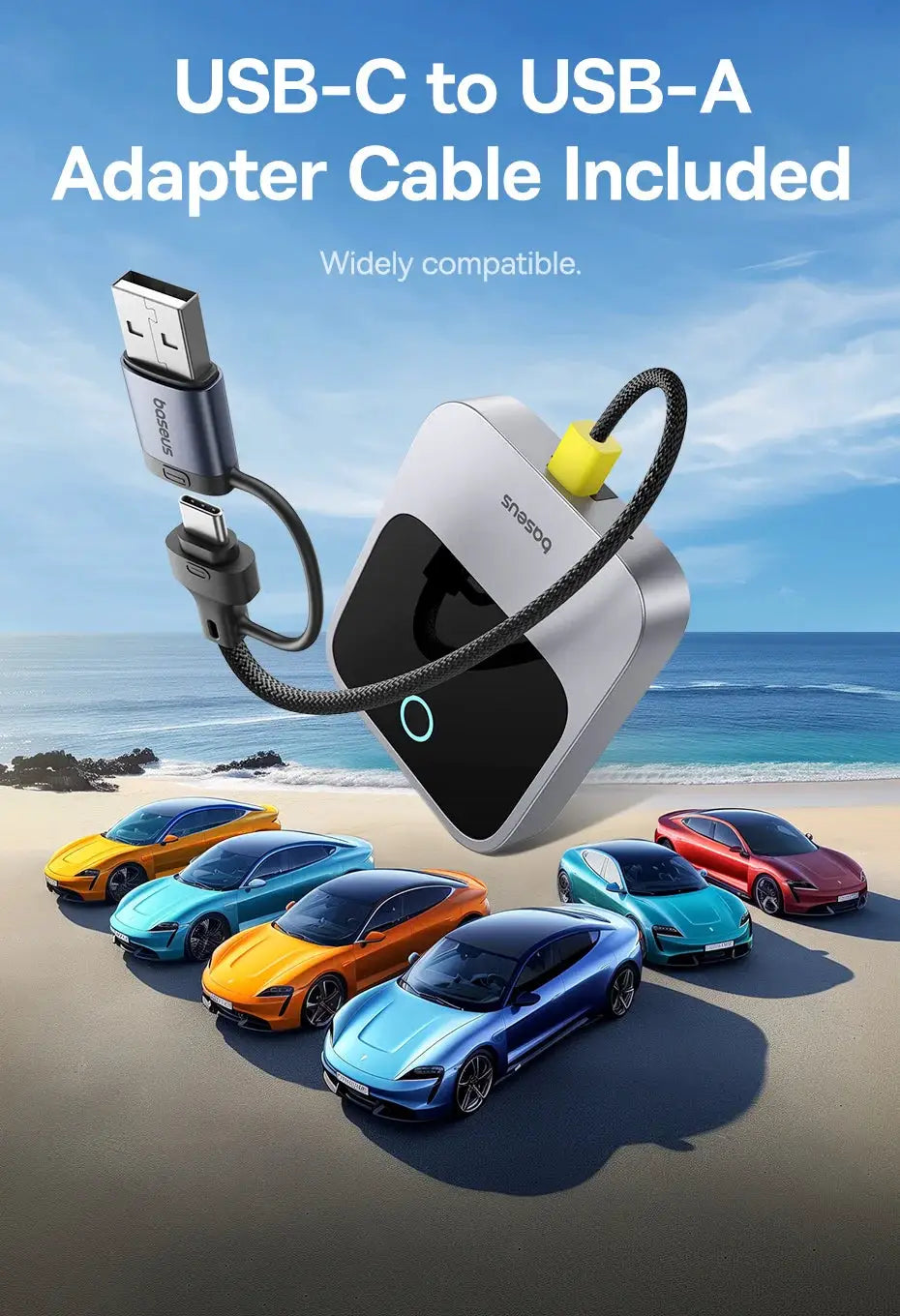 Baseus wireless CarPlay adapter, silver body with black front, USB-C to USB-A cable included, auto-connect