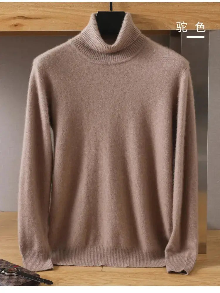 Men's mink velvet cashmere sweater in taupe beige, ribbed collar, long sleeve knit pullover