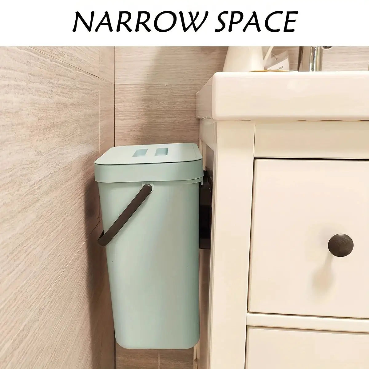 Space-saving quiet-close trash can, mint green plastic with metal handle, fits narrow kitchen corner
