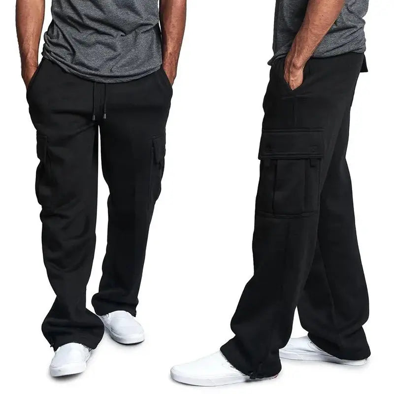 Men's black cargo pants with drawstring waist and cargo pockets, two pairs shown, loose straight streetwear joggers.