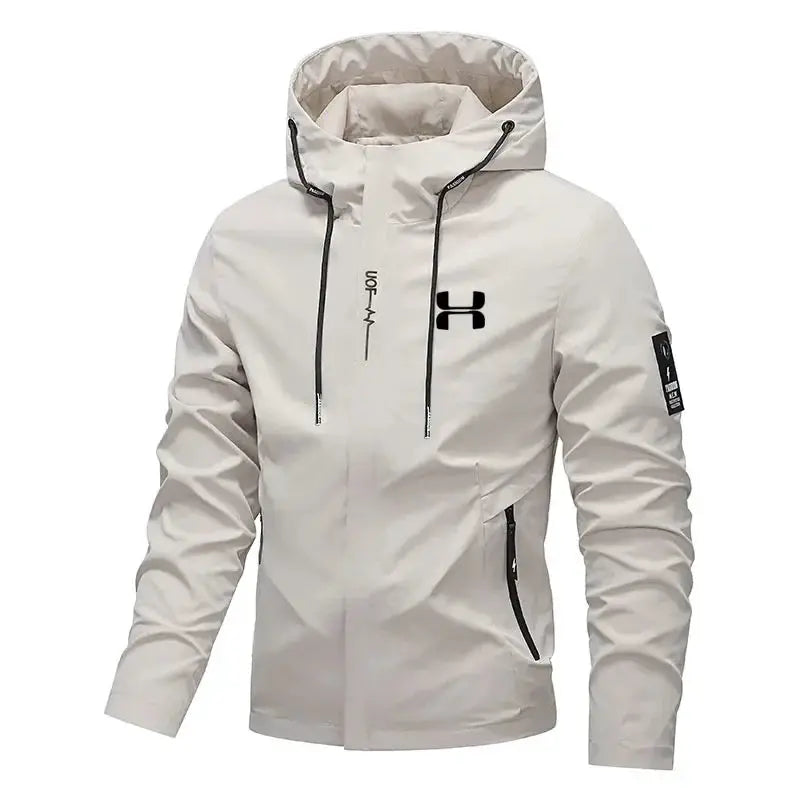 Men's beige Simples Market hooded windbreaker jacket with zip-up front and side pockets
