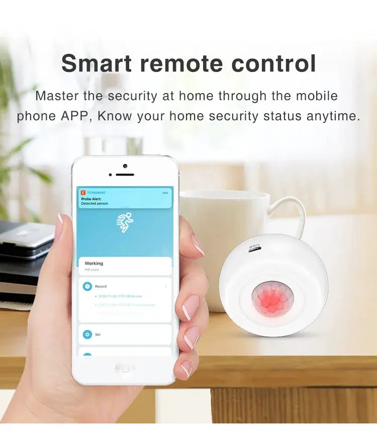 Simples Market Tuya WiFi Smart PIR motion sensor with Smart Life app control, white circular device