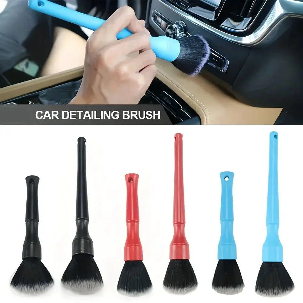 Simples Market car detailing brush set with synthetic bristles; blue-handled brush in use, six brushes total