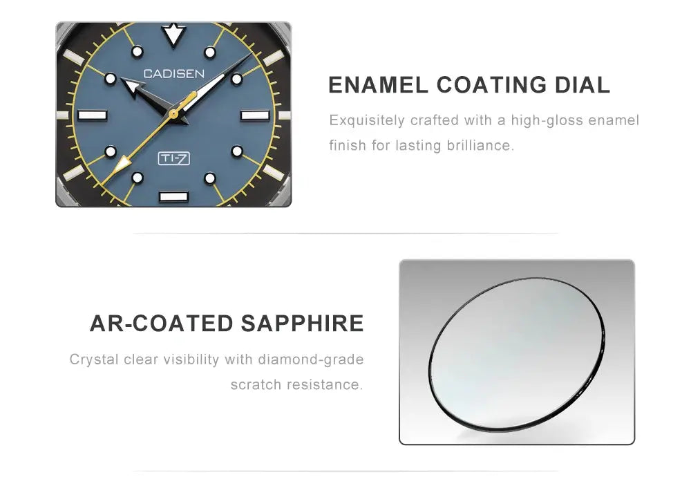 CADISEN TI-7 wristwatch dial with enamel-coated blue face and luminous hands; AR-coated sapphire panel