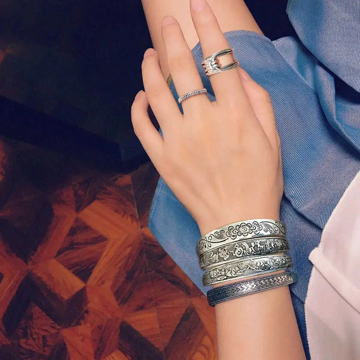 New Retro Tibetan Silver Cuff Bracelets With Carved Fish Elephant And Flower Motifs Vintage Gypsy Jewelry For Women