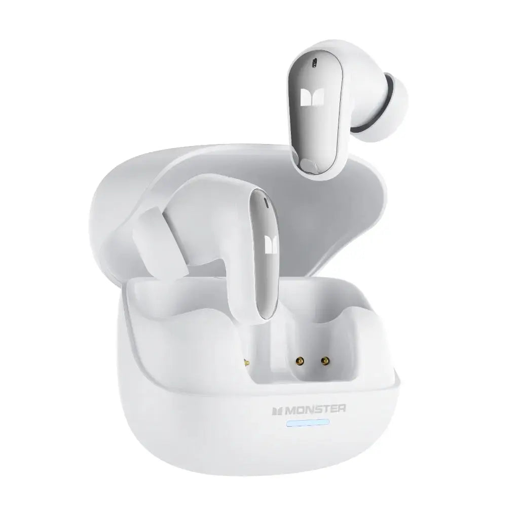 Monster MQT52 white true wireless earbuds with charging case, two earbuds shown with blue LED indicator