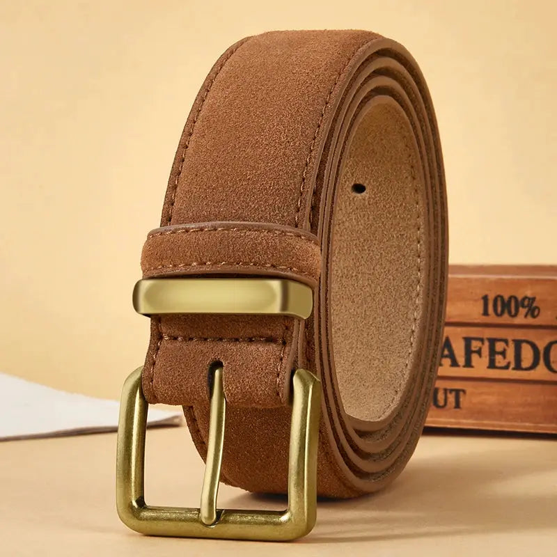 LuxeLine Luxury Suede Cowhide Leather Belt Vintage Gold Buckle Accessory For Dresses And Jeans Women
