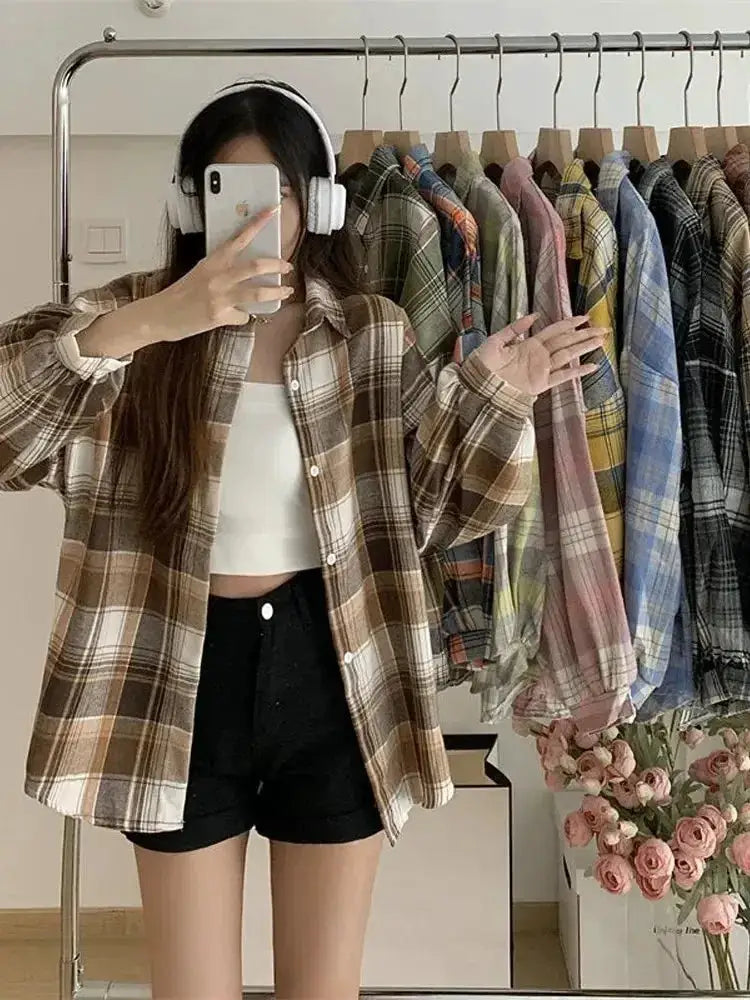 Plaid shirt for women in brown beige check, loose-fit long sleeves, worn over white crop top
