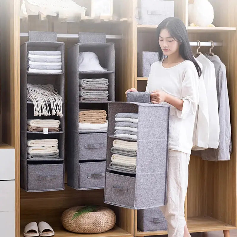 Cotton linen hanging wardrobe organizer bags, drawer-style, gray fabric, set of 3