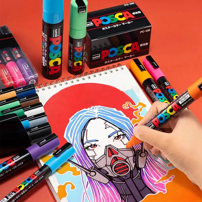 Uni Posca paint marker pens full set PC-1M PC-3M PC-5M with original vinyl case in vibrant colors