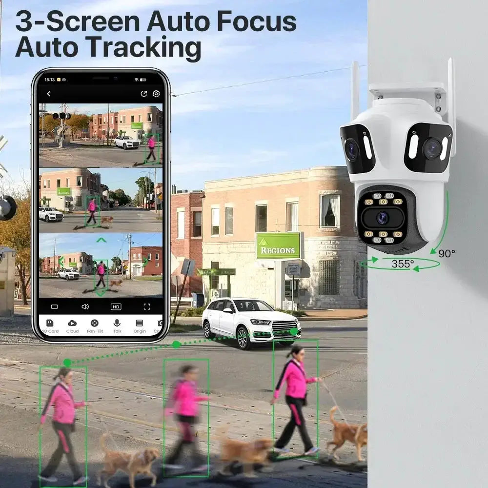 WONSDAR 3-Lens IP Security Camera with auto-tracking, white outdoor PTZ camera and smartphone surveillance view