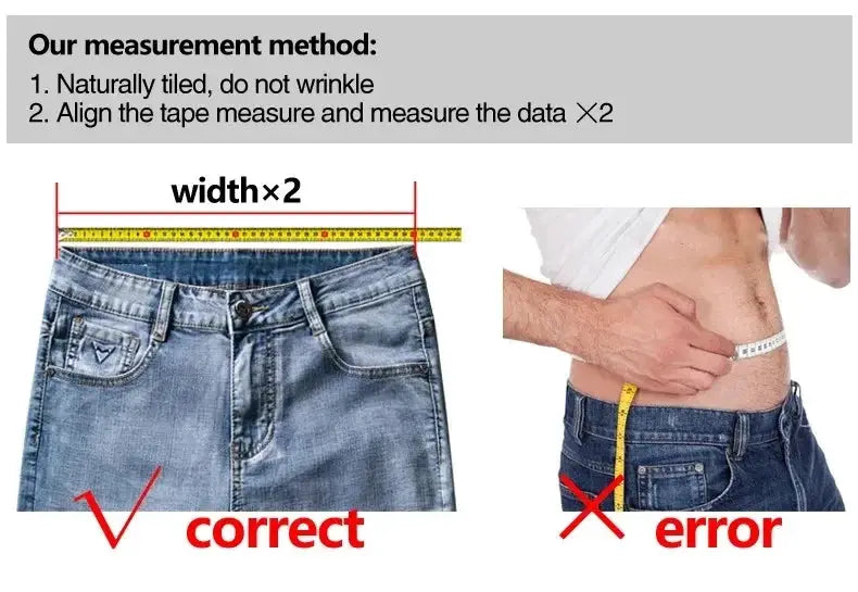 Simples Market men's baggy blue denim jeans with waist width measurement guide showing correct and incorrect method