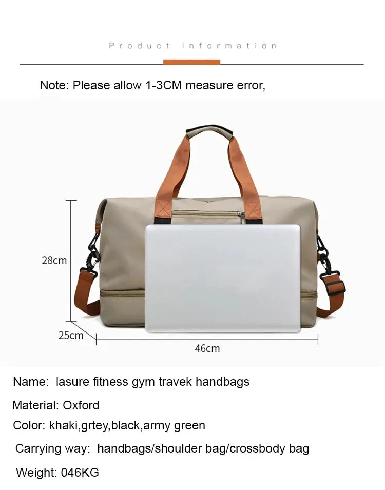 Simples Market travel gym bag in khaki with orange handles and detachable shoulder strap, 46x28x25 cm.