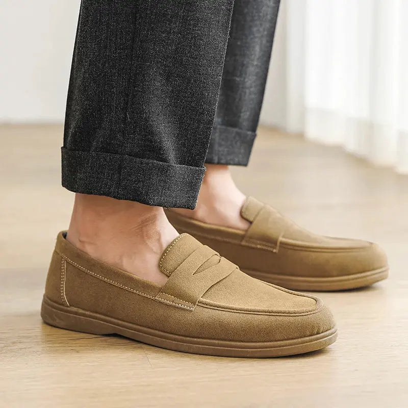 Men's tan suede slip-on loafers, lightweight breathable casual walking shoes (pair)
