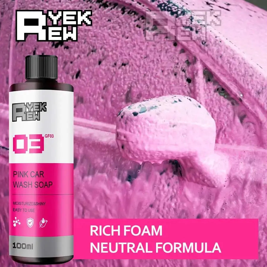 Simples Market pink car wash soap bottle with neutral formula amid thick pink foam backdrop