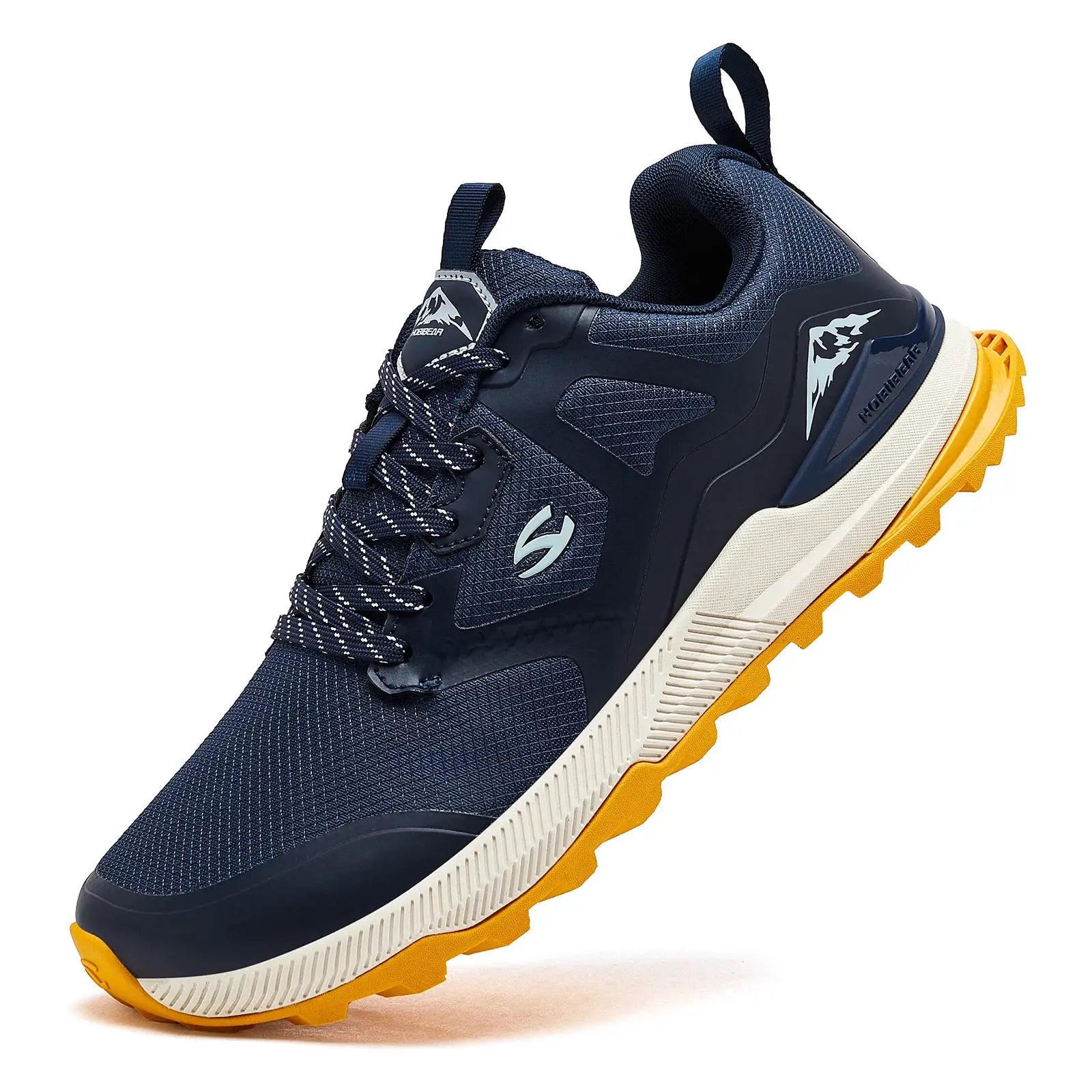 HOBIBEAR unisex hiking shoes, navy mesh upper with orange outsole, lace-up non-slip
