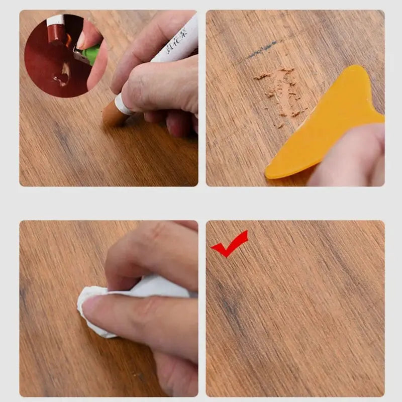 Waterproof wooden furniture repair pen; Simples Market restores wood scratches with brown pen and yellow scraper.