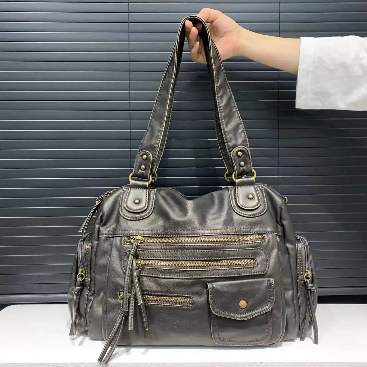 Simples Market Y2K Hot Girl leather crossbody bag in dark washed brown with large capacity and multiple zip pockets