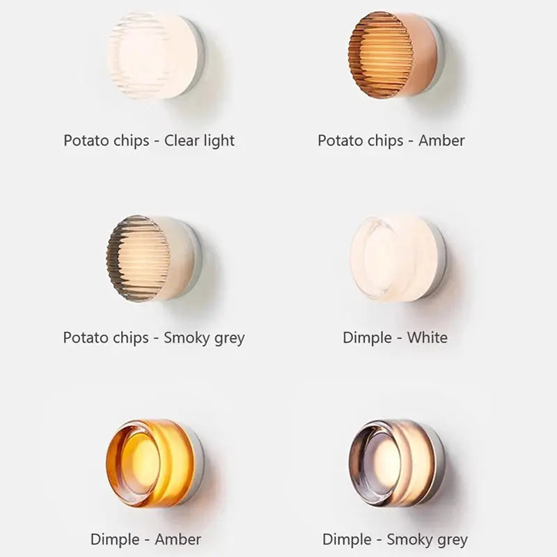 Modern LED wall lamp set by Simples Market, six fixtures in amber, smoky grey, clear and white finishes