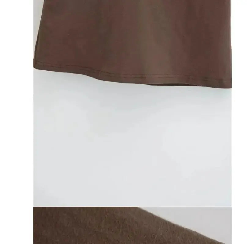 Women's brown A-line mini skirt with low waist, casual office-ready, solid color