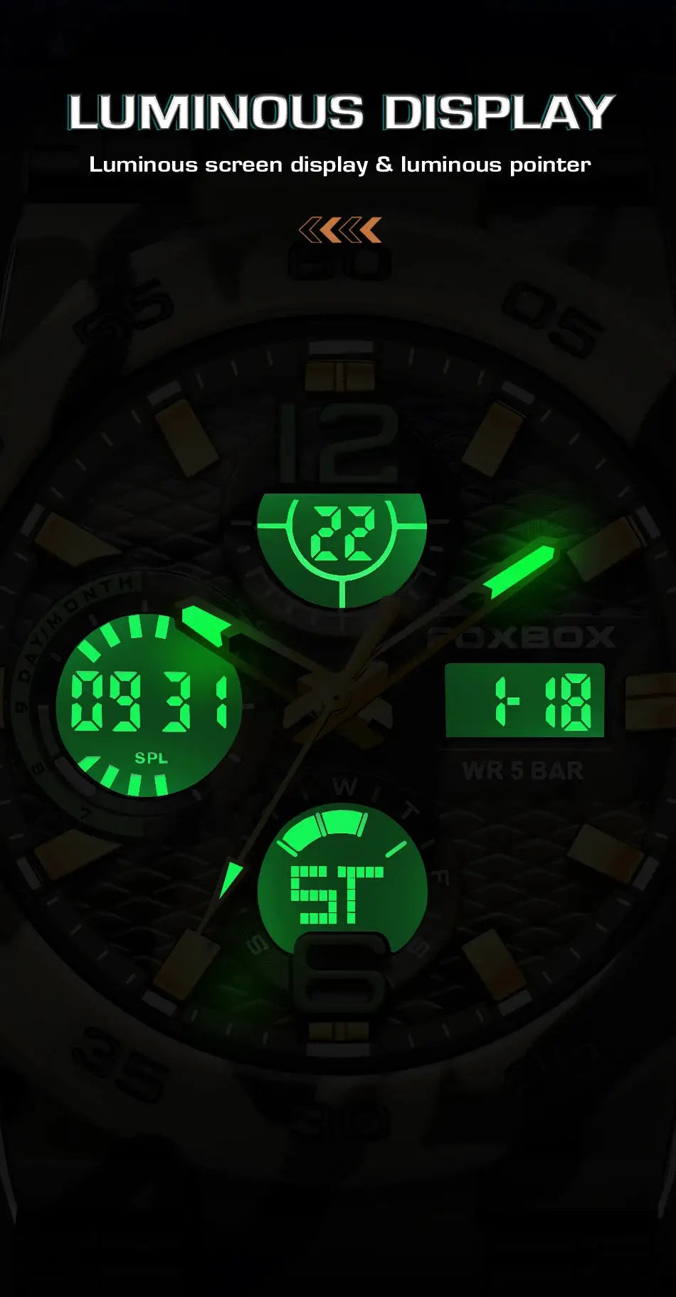 LIGE electronic men's wristwatch with green LED luminous display, waterproof military quartz watch