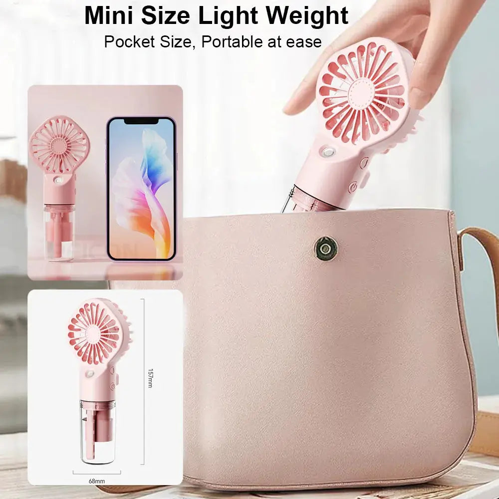 Portable pink handheld spray fan mini humidifier with mist, USB rechargeable, 4 speeds, Simples Market