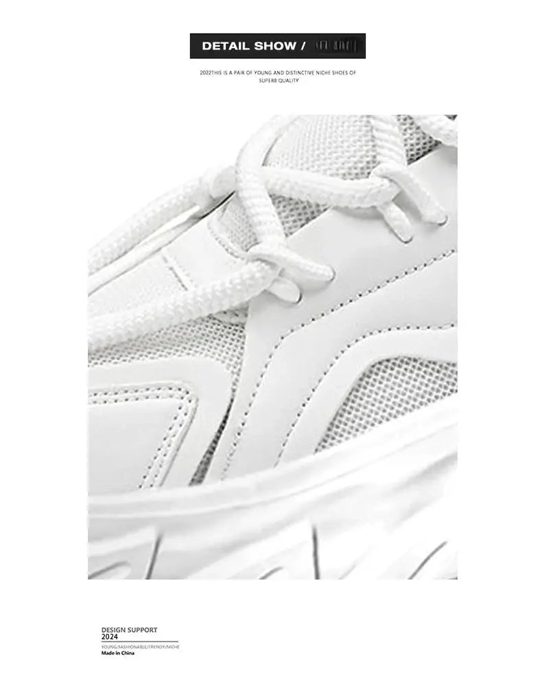 White Simples Market men's breathable sneakers with thick sole, mesh upper, casual outdoor running style