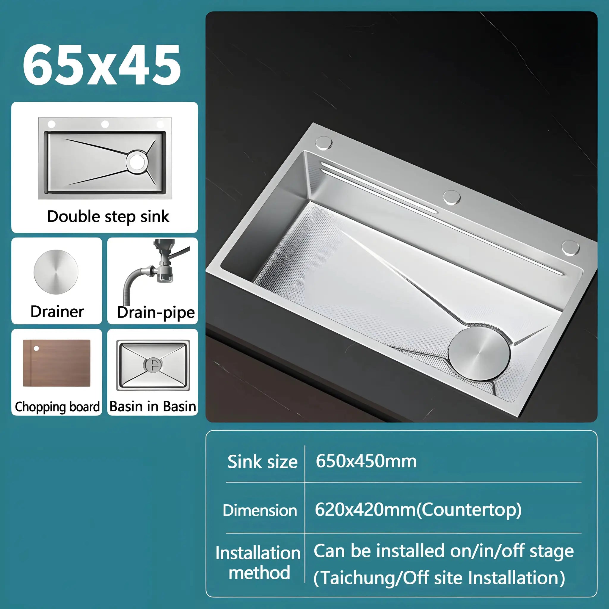 Simples Market 304 stainless steel kitchen sink, large silver single-slot wash basin (65x45 cm)