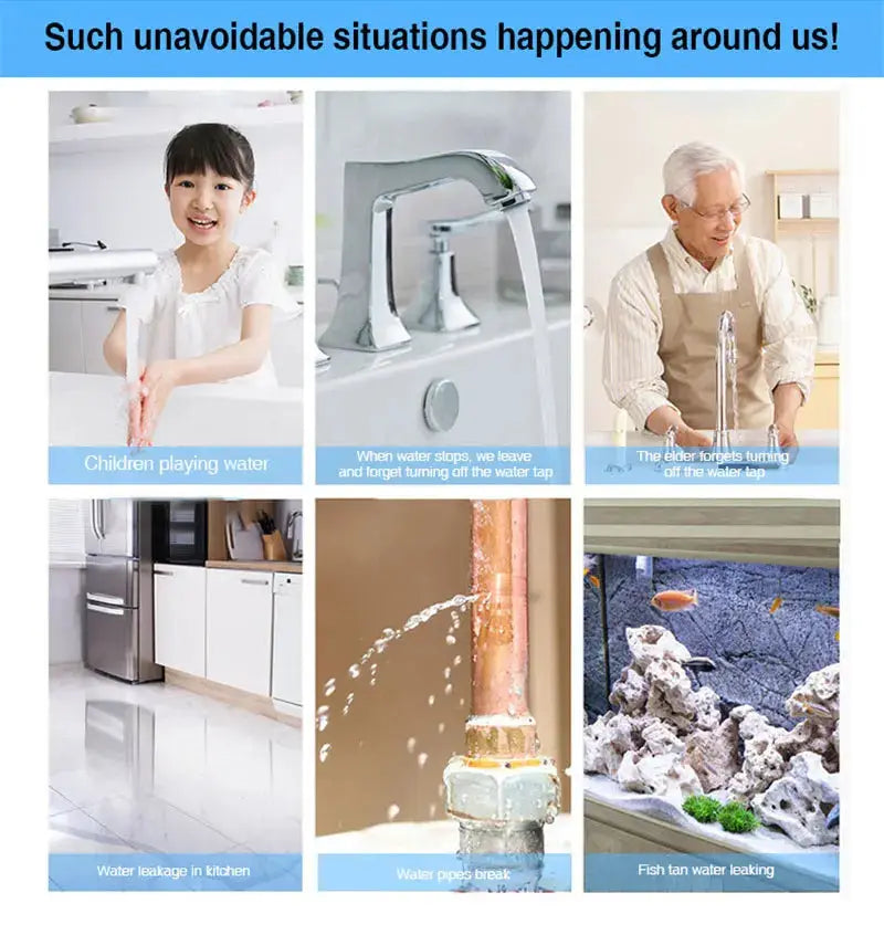 Tuya WiFi Smart Water Leak Sensor by Simples Market collage showing 6 leakage scenarios for flood protection via SmartLife app.