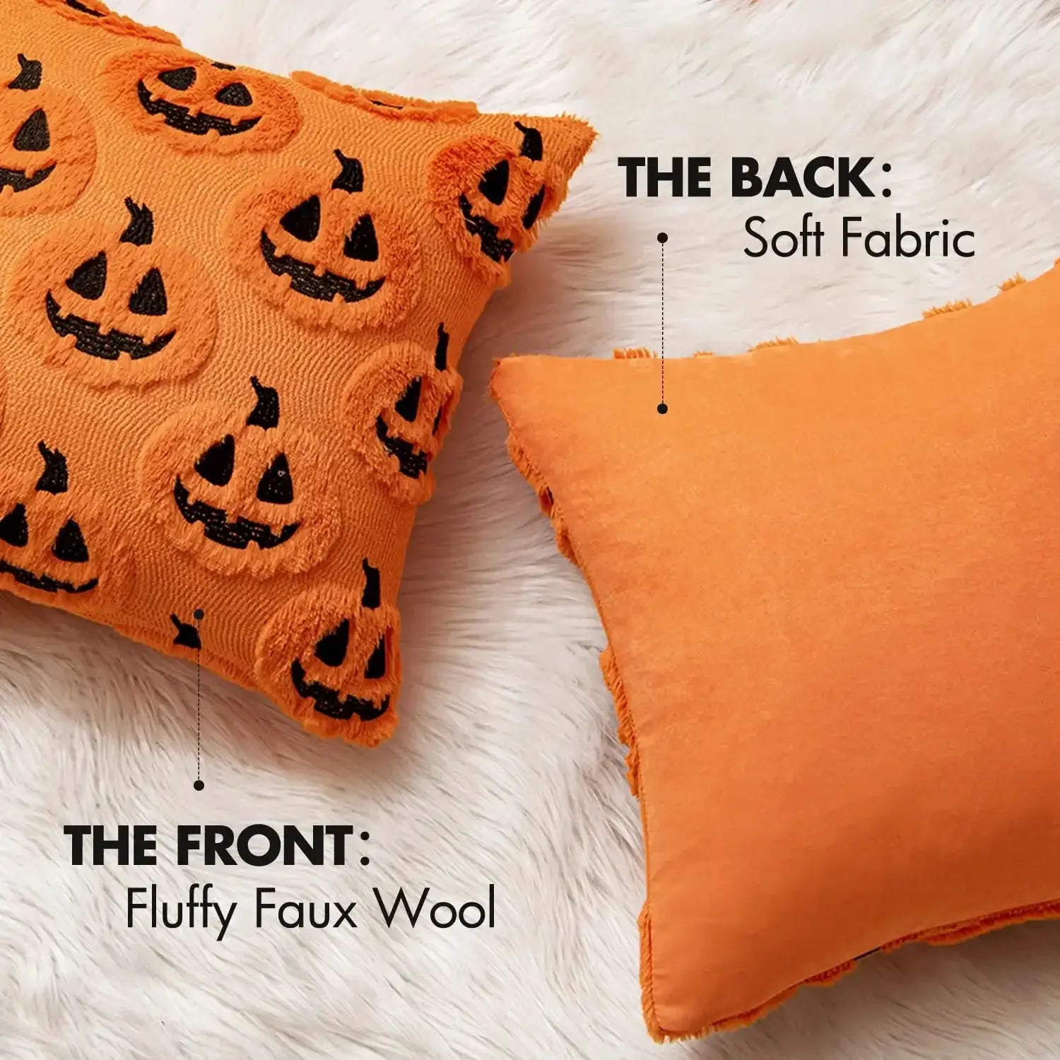 Halloween pillow covers: two orange cases, pumpkin-patterned and solid plush faux-wool fabric by Simples Market
