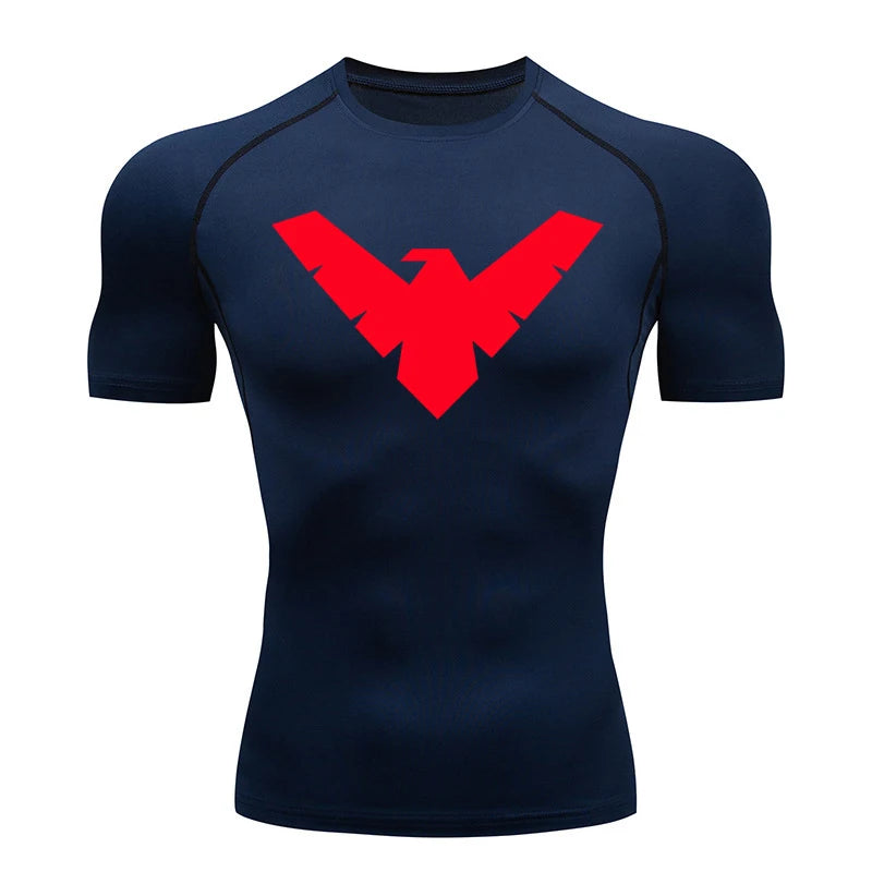 Men's short-sleeve compression shirt in navy blue with a red V-shaped logo
