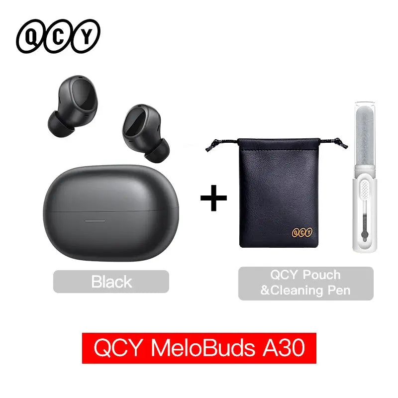 QCY MeloBuds A30 wireless earbuds (pair) with black charging case, plus QCY pouch and cleaning pen