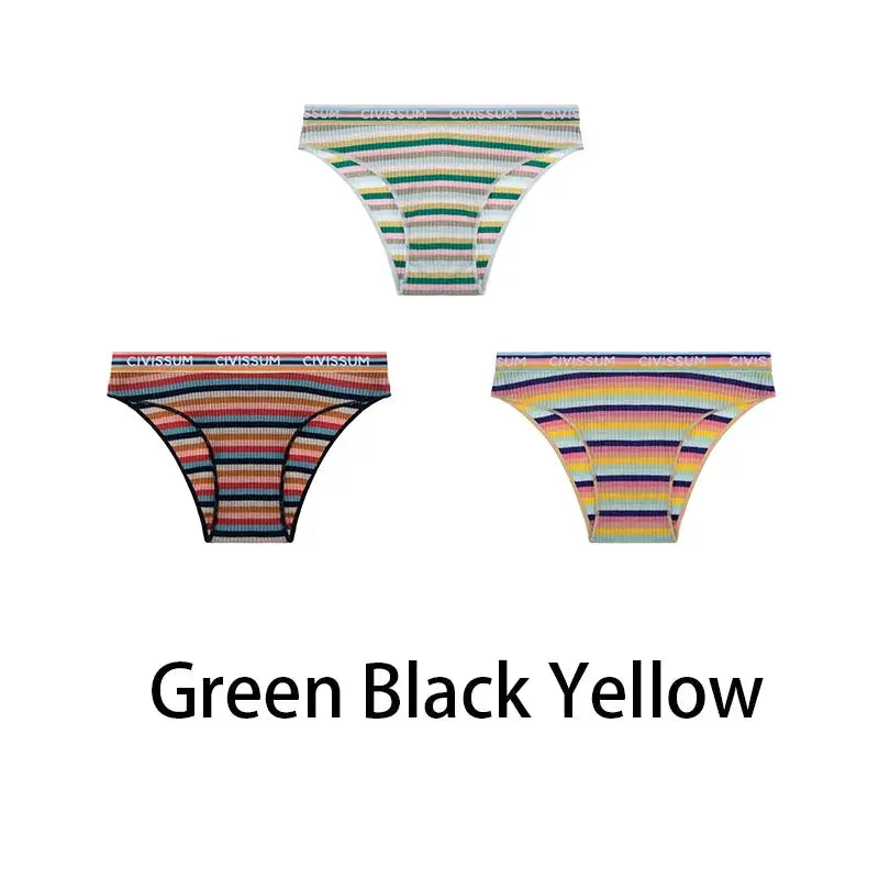 3-pack cotton women's bikini panties with rainbow stripes in green, black and yellow — Simples Market