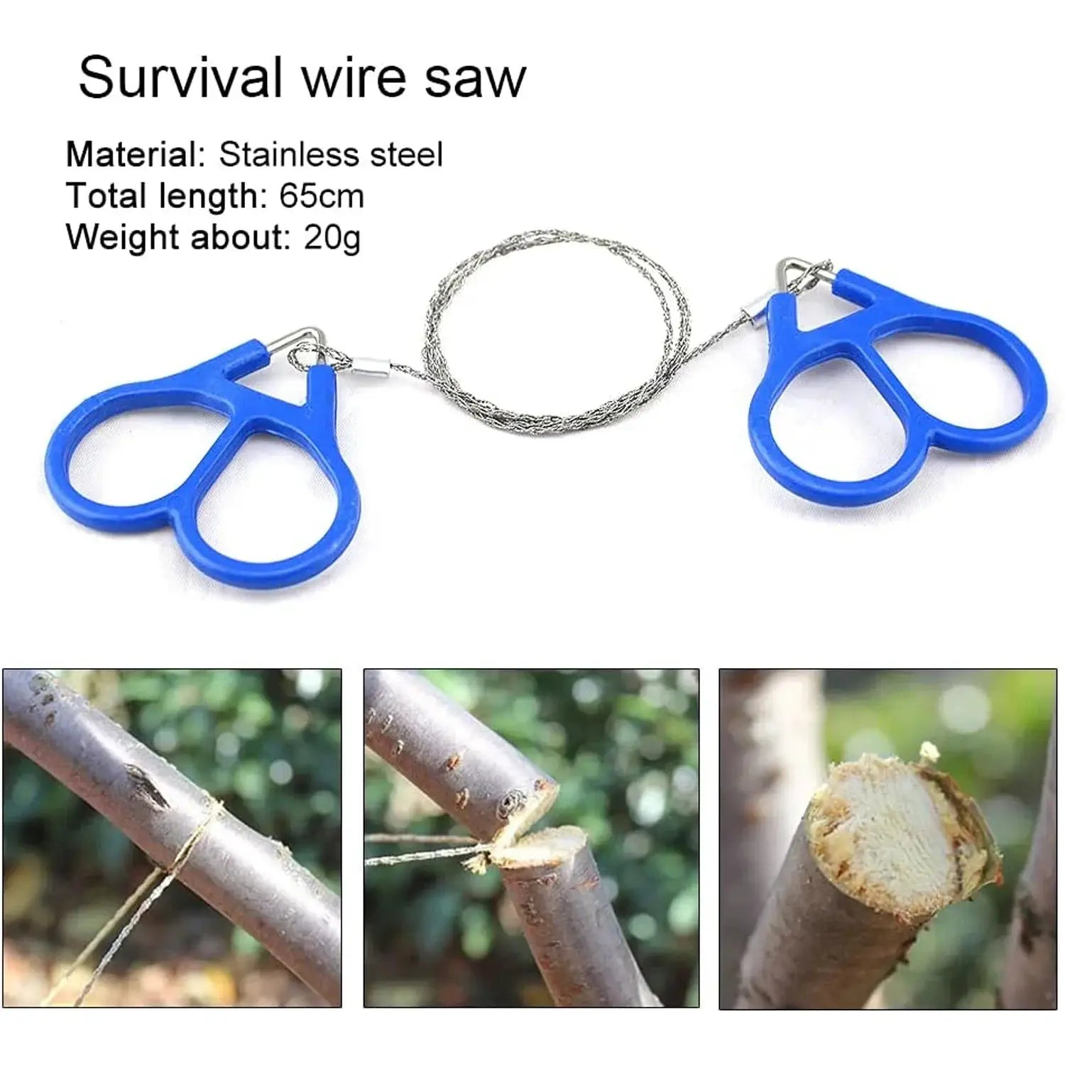Simples Market survival wire saw with blue plastic handles and braided steel wire, 65 cm total length