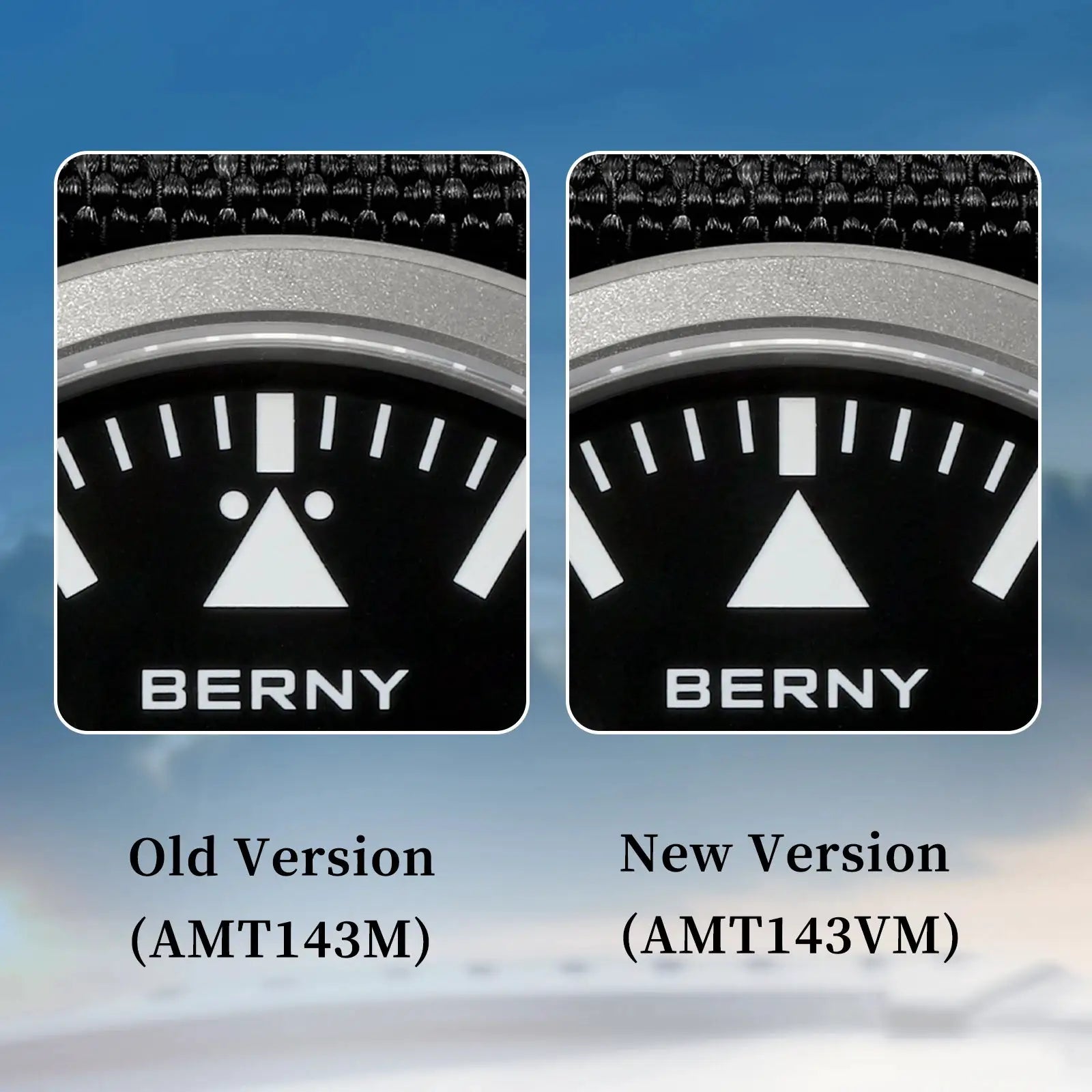 BERNY full titanium automatic watch; two side-by-side close-ups of a black dial with luminous markers