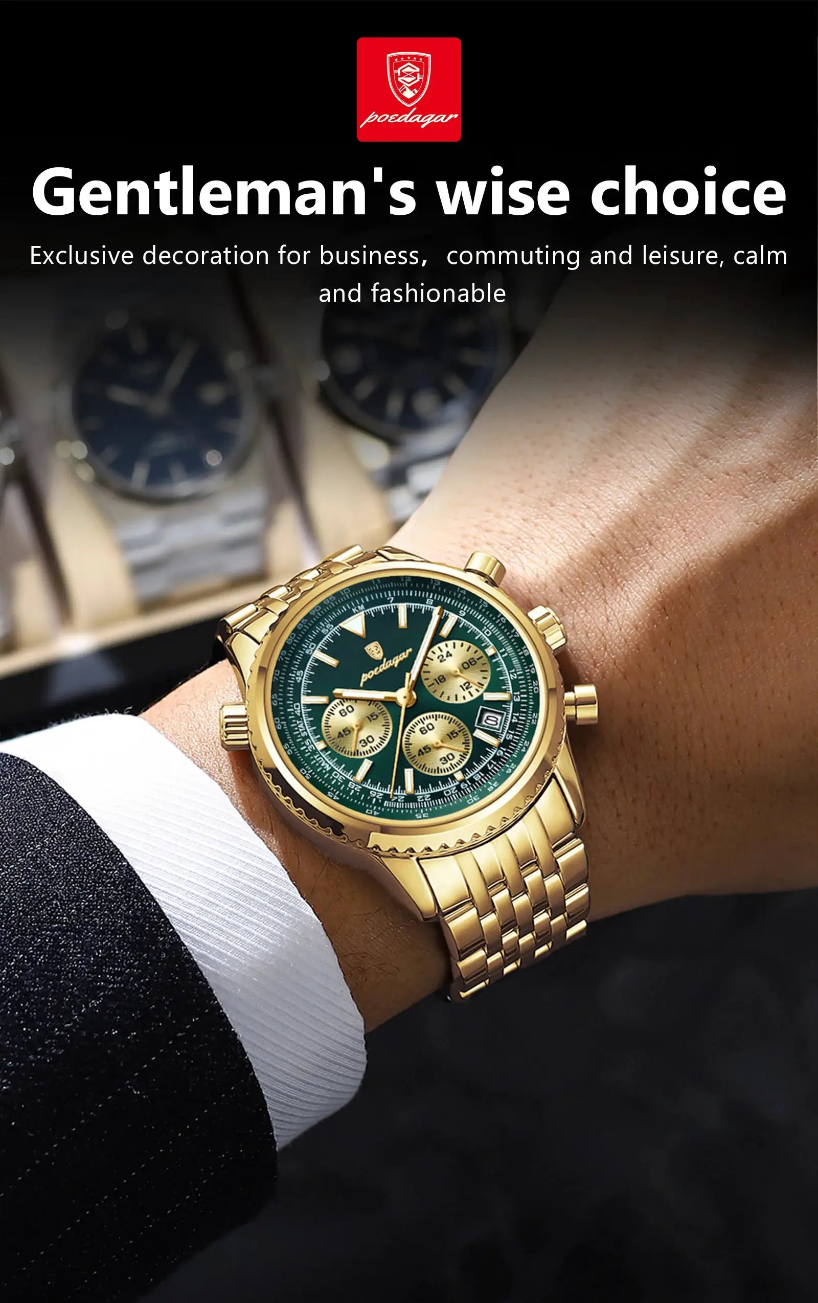 POEDAGAR men's gold-tone stainless steel chronograph watch with date and green dial