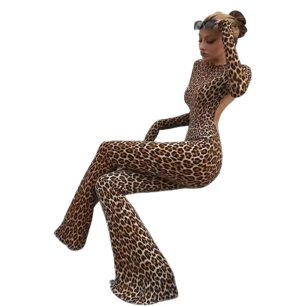 Leopard-print slim jumpsuit for women with backless cut, long sleeves and bell-bottom legs