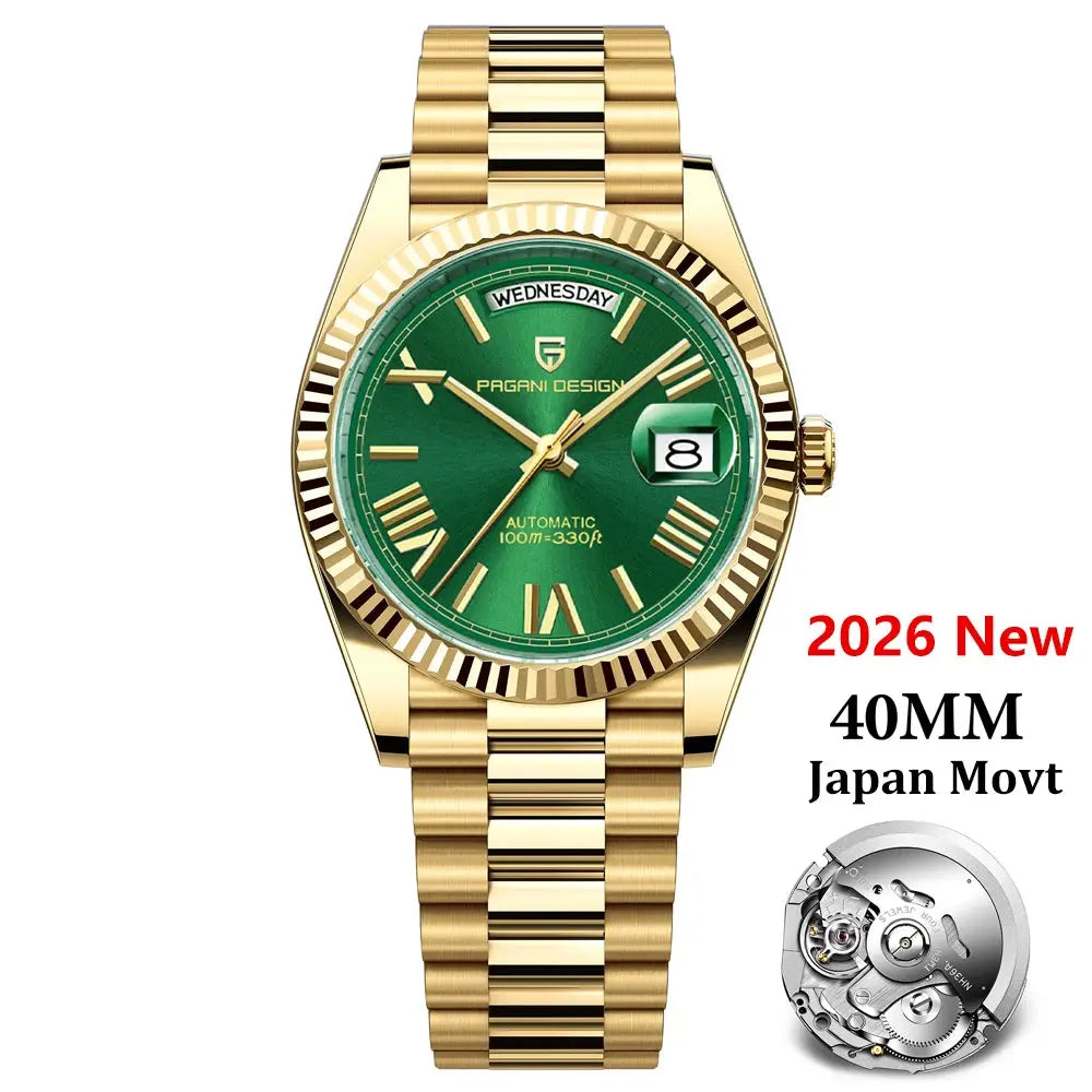 Pagani Design men's gold-tone watch with green dial, 40mm, automatic movement and date window
