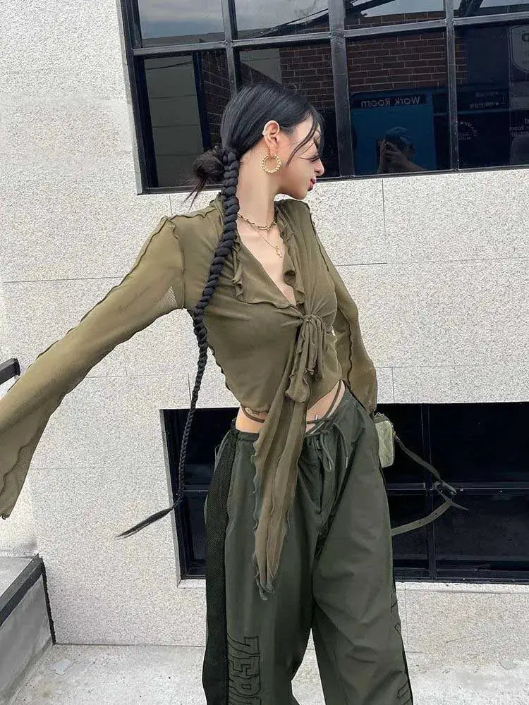 Korean Couture Lace Up Mesh Blouse With Long Flare Sleeve Slim Fit Top For Modern Sophisticated Style