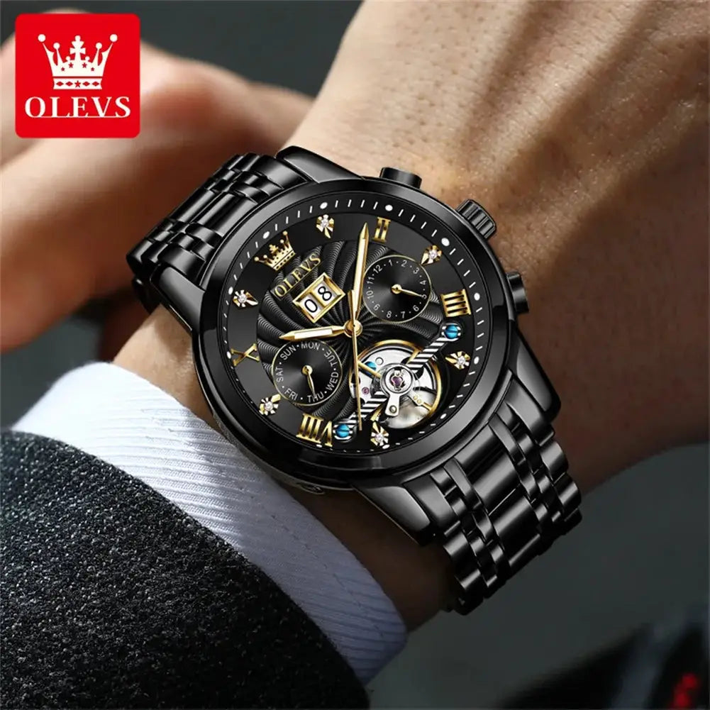 Tourbillon men's watch by OLEVS, black stainless-steel bracelet with multi-function dial