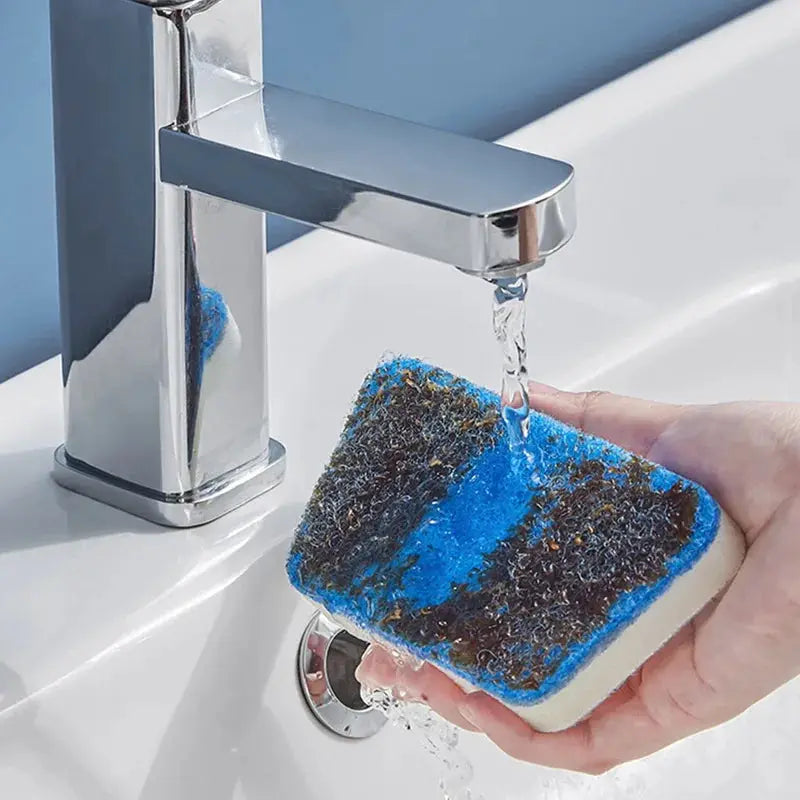 Bathroom sponge cleaning brush with long handle and blue-brown scrubbing sponge
