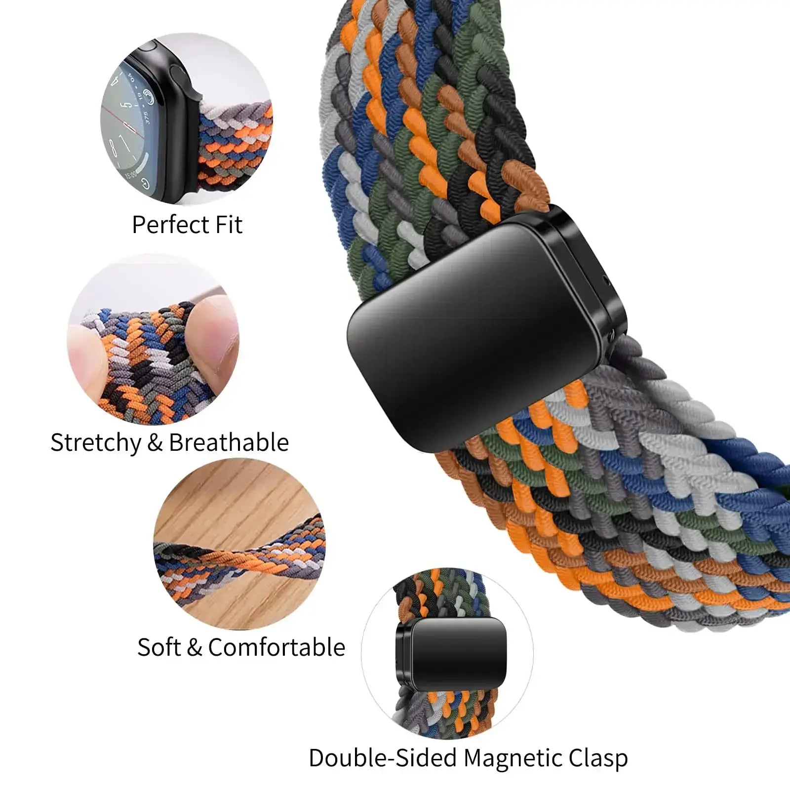 Braided Apple Watch band by Simples Market; multicolor woven strap with a double-sided magnetic clasp, compatible with 38–49mm watches.