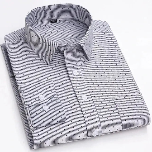 Men's long sleeve dress shirt by Simples Market, light gray with micro navy stripes, single chest pocket.